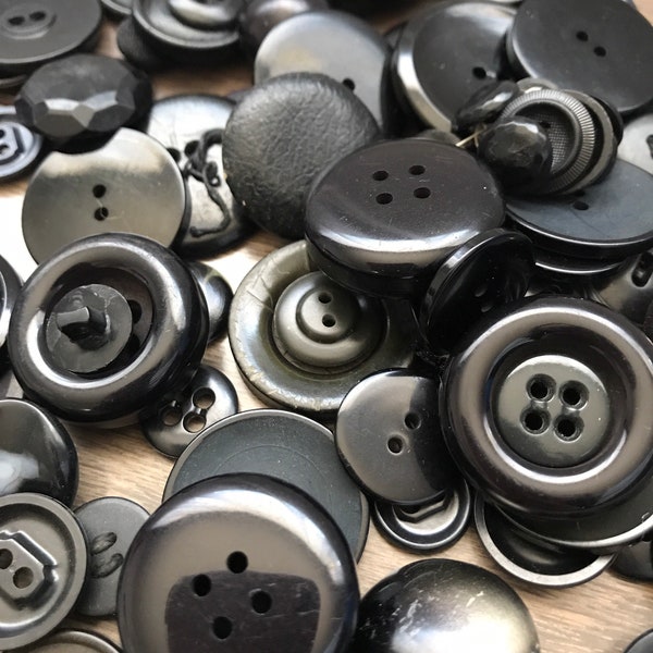 Mystery Box of Black Buttons, Mixed Lot of Vintage Black or Dark Grey Buttons, Large or Small Round Black Plastic, Glass, or Metal Buttons