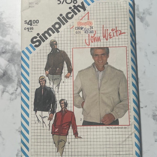 80s Men's Lined and Unlined Jacket Pattern, John Weitz, Zip Front Coat Pattern, Simplicity 5708, Size 40 OR 42 Men, 40" OR 42” Chest, Uncut