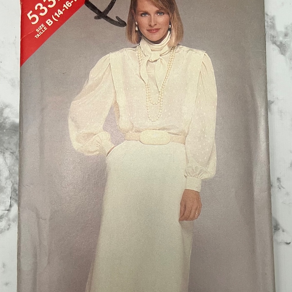 80s Blouse and Skirt Pattern, Long Sleeve Tie Neck Blouse and Pencil Skirt with Pockets, See & Sew by Butterick 5332, Size 14-16-18, Uncut