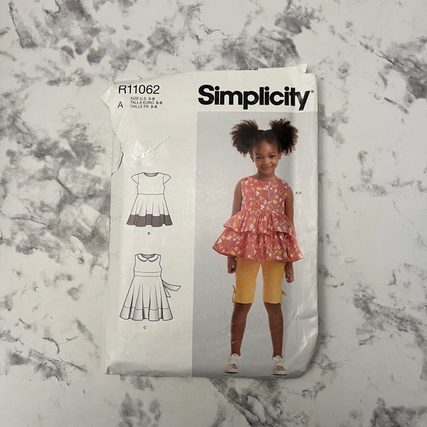 Children's Dress, Top, Tunic, and Cropped Leggings Pattern, Little Girl's Summer Outfits Pattern, Simplicity R11062, Size 3-8. Uncut