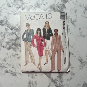 May include: A sewing pattern for a jacket and skirt or trousers. The pattern is for sizes 14-16-18-20. The pattern is called McCall's M4391.