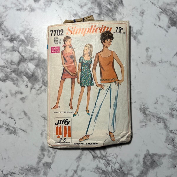 60s Simple to Sew Junior Petites' and Misses' Jiffy Mini-Dress or Overblouse with Pants in 2 Lengths Pattern, Simplicity 7702, Size 12, Cut