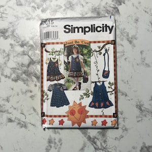 90s Just Be 'Cuz Child's Jumper or Dress, Blouse, and Purse Pattern, Sleeveless Dress and Top, Simplicity 7015, Size BB 5-6-7-8, Uncut