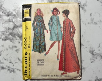 70s Misses' Robe Pattern in 3 Versions, Long Sleeve Housecoat with Length Variations and Tie Belt,  McCall's 2696, Size Medium 12-14, Uncut