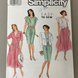 May include: Simplicity sewing pattern number 7164, size U5 (16-24), for a skirt and top. The pattern shows four different styles, including a green skirt and top, a pink skirt and top, and a green skirt with a jacket. The pattern is labeled "Easy to Sew."