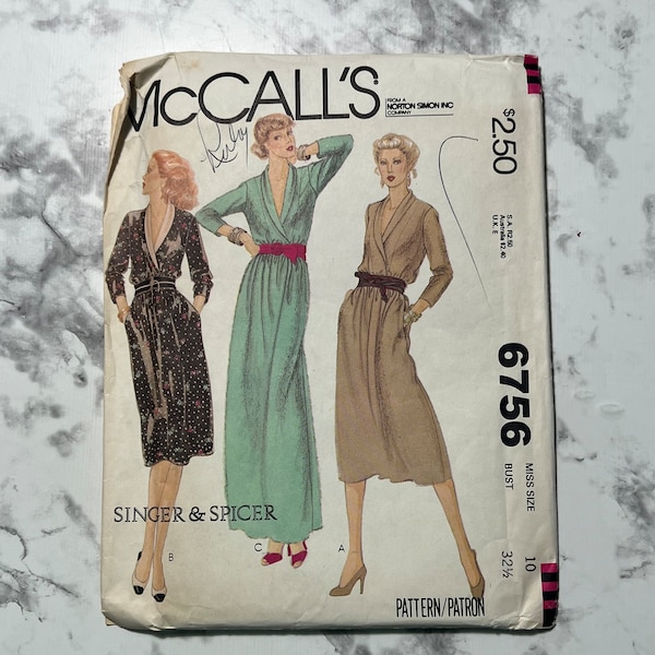 70s Misses Dress Pattern, Wrap Front Long Sleeve Dress Pattern with V Neckline and Pockets, McCall's 6756, Size 10, 32.5" Bust, Uncut