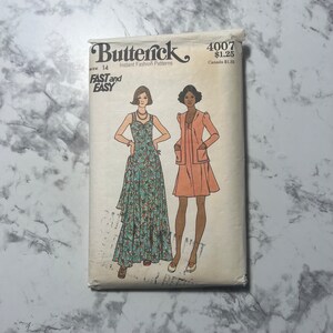 May include: Vintage sewing pattern envelope for a dress and jacket. The pattern is from Butterick, number 4007, and is for size 14. The envelope features illustrations of the garments, which are a floral print maxi dress and a pink jacket with a collar and pockets.