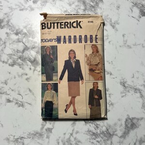 May include: A vintage Butterick sewing pattern titled "Today's Wardrobe." The pattern features images of women in various business attire, including blazers, skirts, and blouses. The pattern's size is indicated as (8-10-12).
