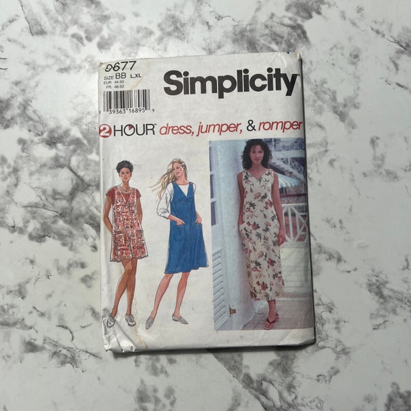 90s 2 Hour Dress or Jumper and Romper Pattern, Loose Fitting Sleeveless Dress or Romper Pattern, Simplicity 9677, Size BB L, XL, Uncut