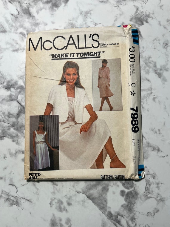 80s Make It Tonight Misses Jacket and Dress Pattern, Short Sleeve Cropped Jacket and Dress, Mccall's 7989, Size 10, 32.5