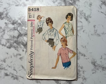 60s Misses' Blouse Pattern, Collared Button Down Shirt Pattern with Sleeve Variations and Bow, Simplicity 5418, Size 12, 32" Bust, Cut