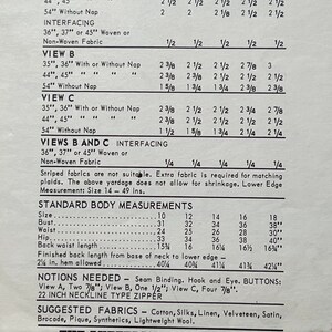 May include: A black and white sewing pattern guide with instructions for making a dress. The pattern is for misses' sizes 10-18 and includes measurements for bust, waist, hip, back waist length, and finished back length. The pattern also includes a list of notions needed, such as seam binding, hook and eye, buttons, and a zipper. The pattern suggests using cotton, silks, linen, velveteen, satin, brocade, pique, synthetics, or lightweight wool.