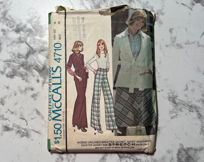 70s Misses' Unlined Sweater Jacket, Skirt, and Pants Pattern, Wrap ...