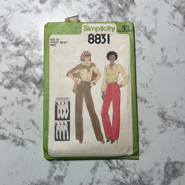 70s Misses' Proportioned Pants Pattern, Straight Leg Misses' Trousers Pattern, Wide Leg Slacks, Simplicity 8831, Size 12, 26.5" Waist, Cut