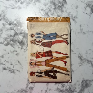 May include: Vintage Simplicity sewing pattern number 9566 for a teen girl's outfit. The pattern shows five different outfits with a variety of skirts, pants, and tops. The pattern is printed on a brown paper background with a white border.
