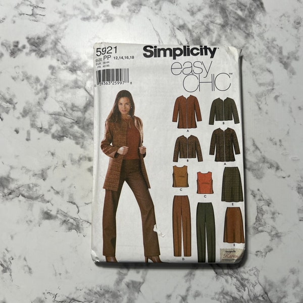 Early 2000s Easy Chic Misses' Jacket in 2 Lengths, Top, Pants, and Skirt Pattern, Wardrobe Set, Simplicity 5921, Size PP 12-14-16-18, Uncut