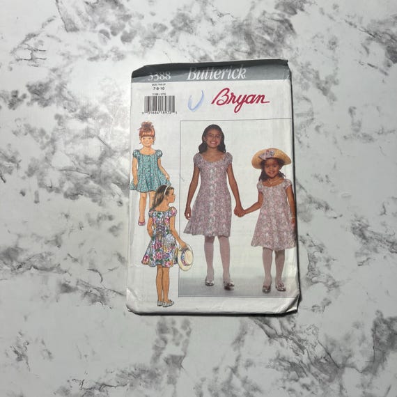 90s Bryan Easy Children's/Girls' Dress, Slip, Hat Band, and Bow Pattern,  Button Front Dress Pattern, Butterick 3388, Size 7-8-10, Uncut