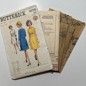 May include: Vintage sewing pattern for a dress, Butterick pattern number 4076, size 12, bust 32. The pattern includes instructions and layout pieces for the dress.