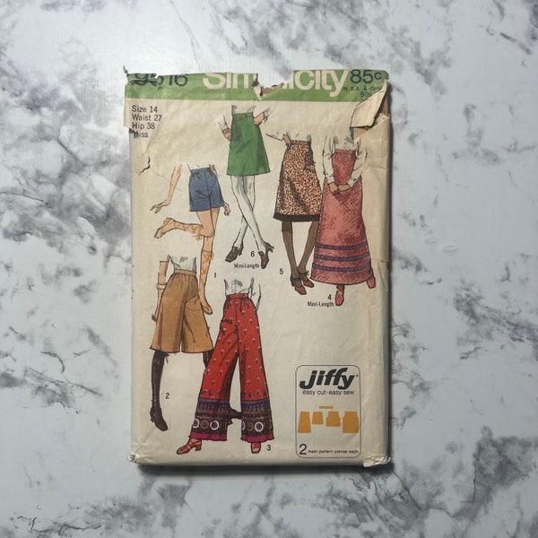 70s Simple to Sew Misses' Jiffy Set of Skirts and Pants Pattern, Wide Leg Pants, Simplicity 9516, Size 14, 27" Waist, 38" Hip, Cut