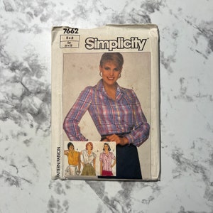 80s Misses&#39; Shirts Pattern, Collared Button Down Blouse Pattern with Sleeve Variations, Simplicity 7662, Size 6 & 8, 30.5&quot;-31.5&quot; Bust, Uncut