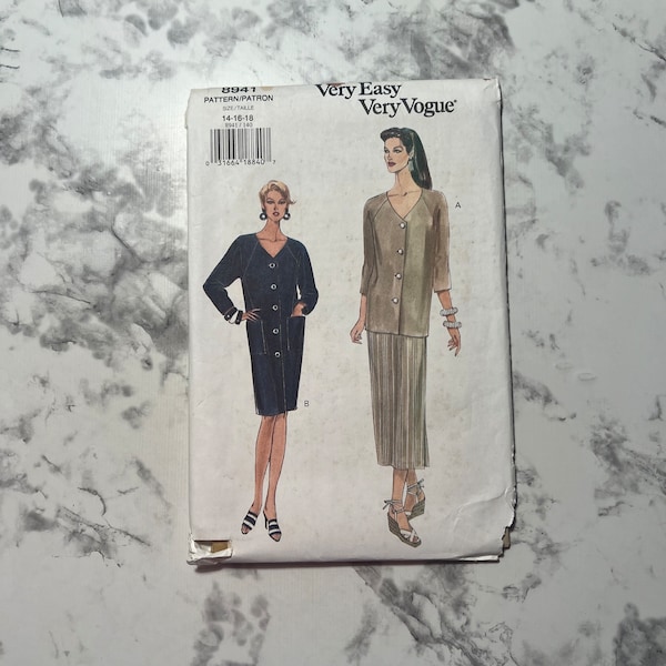 90s Very Easy Misses' Dress, Top, and Skirt Pattern, Long Sleeve Button Down Dress or Matching Set Pattern, Vogue 8941, Size 14-16-18, Uncut