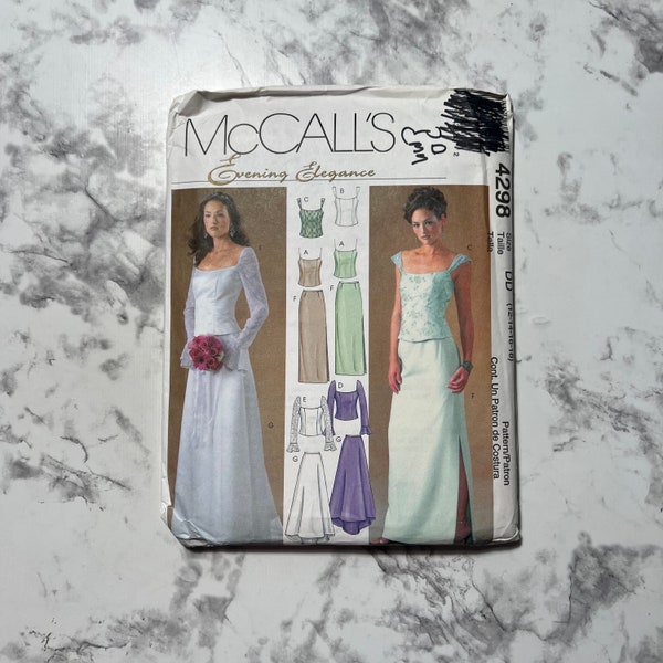 Early 2000s Evening Elegance Misses' Lined Tops and Skirts Pattern, Two Piece Wedding Dress Pattern, McCall's 4298, Size DD 12-18, Uncut