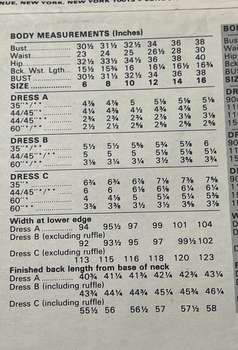 May include: A sewing pattern chart with measurements for different sizes of dresses. The chart includes bust, waist, hip, back waist length, bust size, and dress size. The dress sizes are 35, 44/45, and 60 inches.