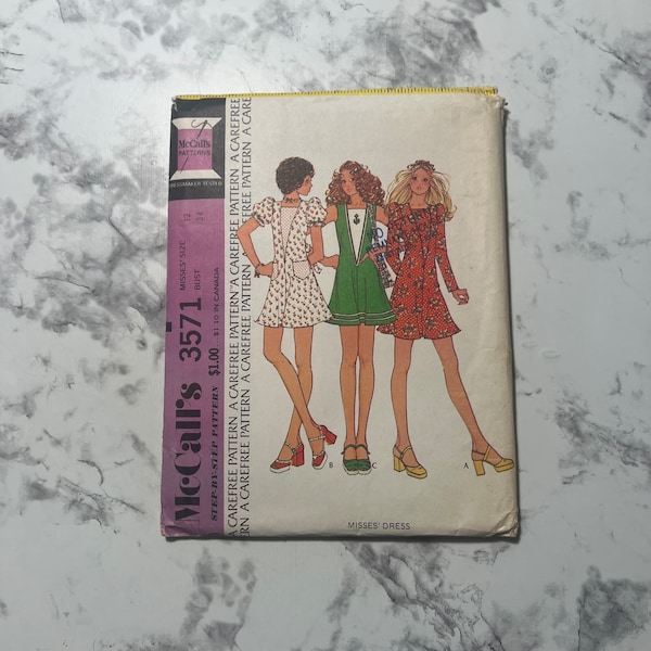 70s Misses' Dress Pattern, Sleeveless, Short, or Long Sleeve Mini Dress Pattern with Patch Pockets, McCall's 3571, Size 12, 34" Bust, Cut