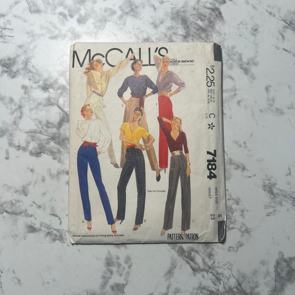 80s Misses' Pants Pattern, High Waisted Straight Leg Trousers Pattern, Women's Slacks Pattern, McCall's 7184, Size 6, 23" Waist, Cut