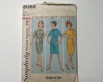 60s 2 View Sheath Dress Pattern, How to Sew Pattern,Simple to Make Dress, Dress With Buttons,Simplicity 5088,Teen Size 14, 34 inch Bust, Cut