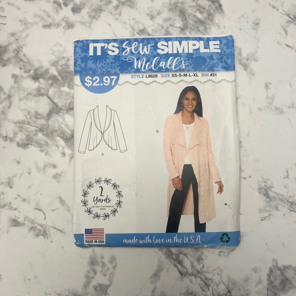 It's Sew Simple Misses' Shawl Collar Cardigans Pattern, 2 Yards Pattern, Open Front Sweater, McCall's L9629, Size XS-S-M-L-Xl, Uncut