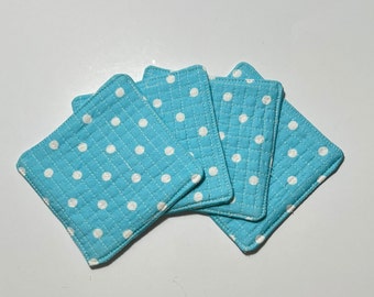 Quilted Teal Polka Dot Coasters, Handmade Turquoise Dot Print Coasters, Simple Fabric Mug Rug, Set of 4 Coasters Made From Recycled Fabric