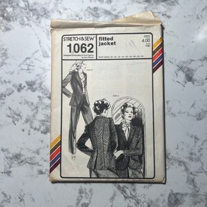 May include: A vintage sewing pattern for a fitted jacket. The pattern is for sizes 26 to 44 and is designed for knit fabrics. The pattern number is 1062. The pattern is illustrated with two women wearing the jacket.