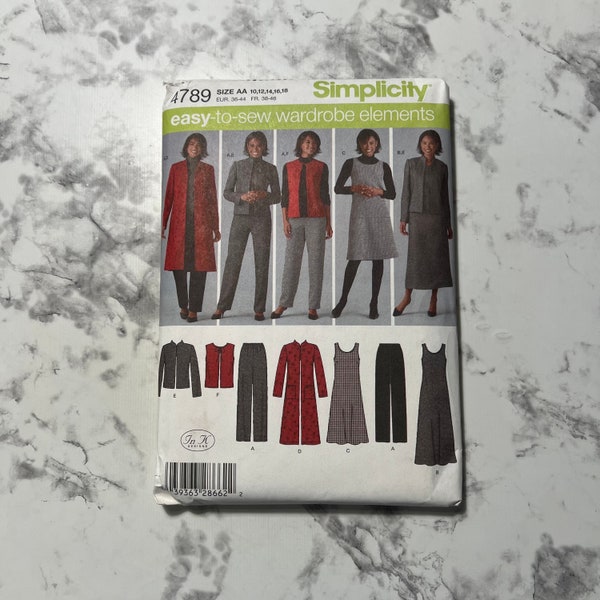 Early 2000s Easy to Sew Wardrobe Elements Misses' Pants, Vest, Jacket, & Jumper Pattern, Simplicity 4789, Size AA 10-12-14-16-18, Uncut