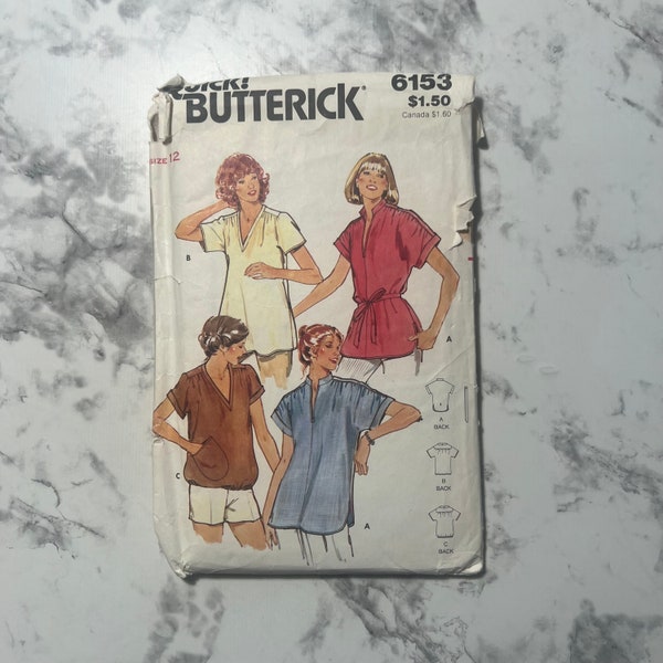 80s Misses' Top pattern, Loose Fitting V Neck Short Sleeve Shirts Pattern, Butterick 6153, Size 12, 34" Bust, 26.5" Waist, 36" Hip, Cut