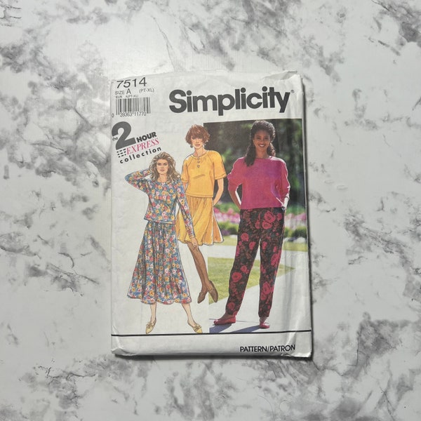 90s 2 Hour Express Collection, Misses' Skirt in 2 Lengths, Pants, and Top Pattern, Shirt and Pants, Simplicity 7514, Size A PT-XL, Cut