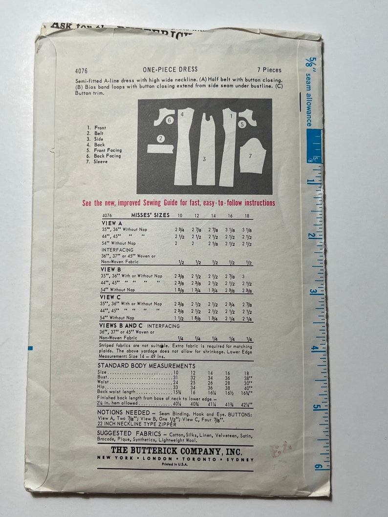 May include: A vintage sewing pattern for a one-piece dress with a high neckline and a half belt. The pattern includes instructions for sizes 10-18 and is from the Butterick Company, Inc. The pattern is printed on white paper with black text and illustrations.