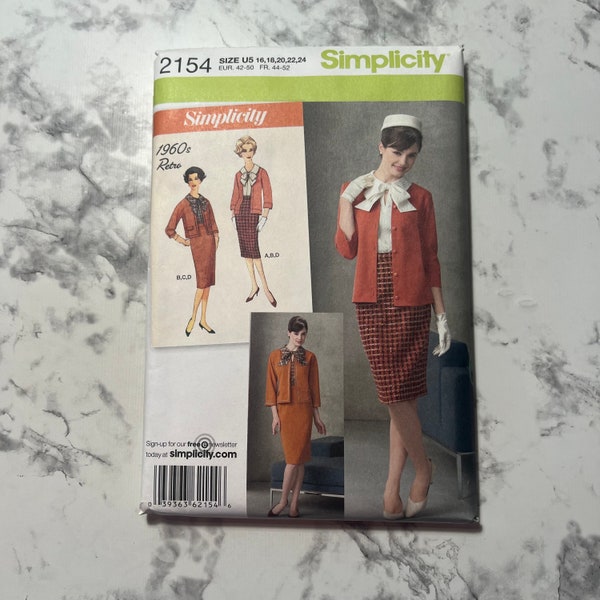 1960s Retro Misses'/Miss Petite Blouse, Skirt, Jacket, and Knit Cardigan Pattern, Simplicity 2154, Size U5 16-18-20-22-24, Uncut