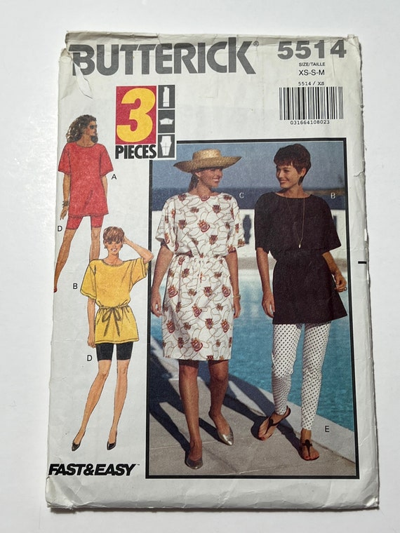 90s Very Easy Dress, Top, and Leggings Pattern, Loose Fitting Dress With Drawstring  Waist, Butterick 5514, Sizes XS-S, Cut 