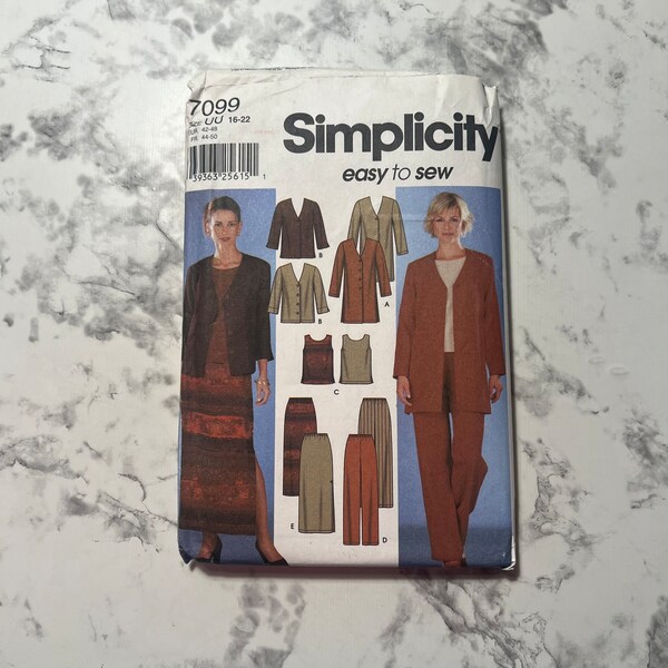 Early 2000s Easy to Sew Misses' Jacket in 2 Lengths, Top, Pants, and Skirt Pattern, Maxi Skirt, Simplicity 7099, Size UU 16-22, Uncut