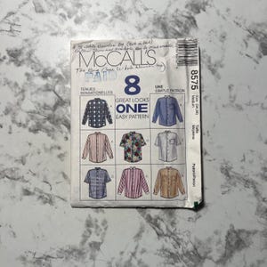 90s 8 Great Looks, 1 Easy Pattern, Misses' and Men's Shirt Pattern, Long or Short Sleeve Shirt, McCall's 8575, Size Medium (34"-36"), Cut