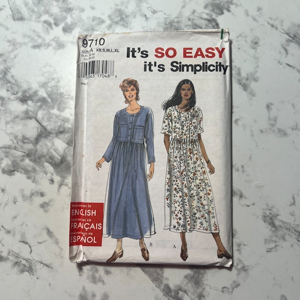 90s Easy Misses' Dress Pattern, Simple to Sew Long or Short Sleeve Midi Length Dress Pattern, Simplicity 9710, Size A XS-S-M-L-XL, Uncut