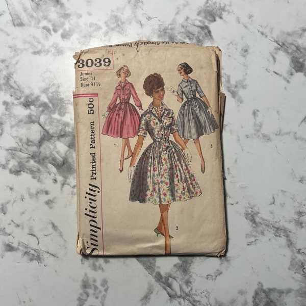 50s Junior and Misses' Dress Pattern, Long or Short Sleeve Collared Shirt Dress with Flared Skirt, Simplicity 3039, Size 11, 31.5" Bust, Cut