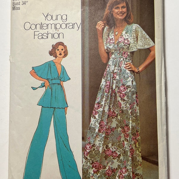 70s Young Contemporary Fashion Jr Petites' and Misses Dress or Top and Pants Pattern, Simplicity 6710, Sizes 12 (34" B) OR 16 (38" B), Cut