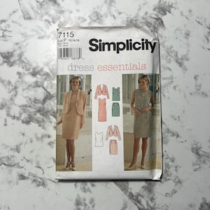 May include: Simplicity pattern 7115 for dress essentials. The pattern includes three dress styles: a pink dress with a matching jacket, a green and white patterned dress, and a beige dress with a matching jacket. The pattern is for sizes 12, 14, 16.