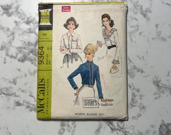 60s Misses' Blouse Set Pattern, Collared Long Sleeve Button Down Shirt Pattern, Ruffled Blouse, McCall's 9364, Size 10, 32.5" Bust, Cut