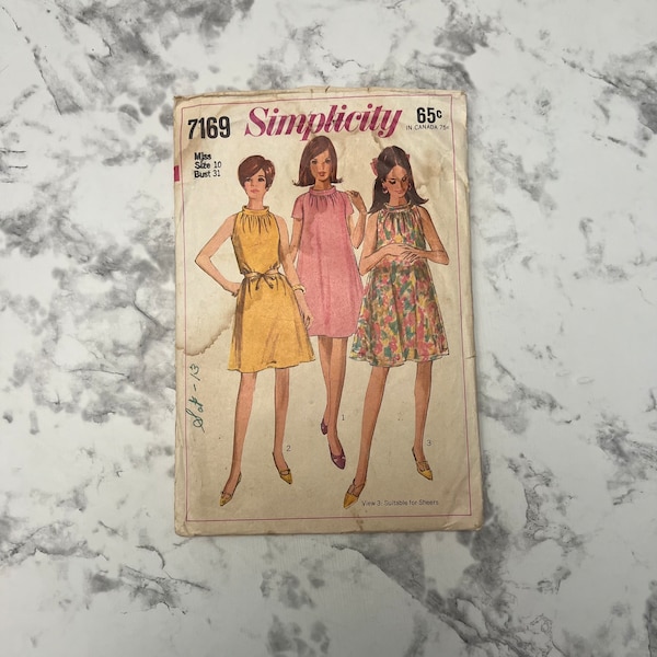 60s Misses' Dress Pattern, Sleeveless or Short Sleeve Dress, Loose Fitting Gathered Neck Dress, Simplicity 7169, Size 10, 31" Bust, Cut