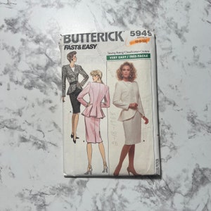 May include: A vintage Butterick sewing pattern, model 5945, featuring illustrations of women's suits. The pattern includes a jacket and skirt design. The cover has the text "FAST & EASY" and "VERY EASY / TRÈS FACILE".