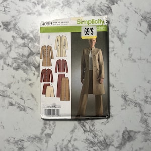 May include: A Simplicity sewing pattern, size HS 6,8,10,12,14, featuring a woman in a tan suit and illustrations of various coat and skirt designs. The pattern includes the text "Simplicity" and a price tag.