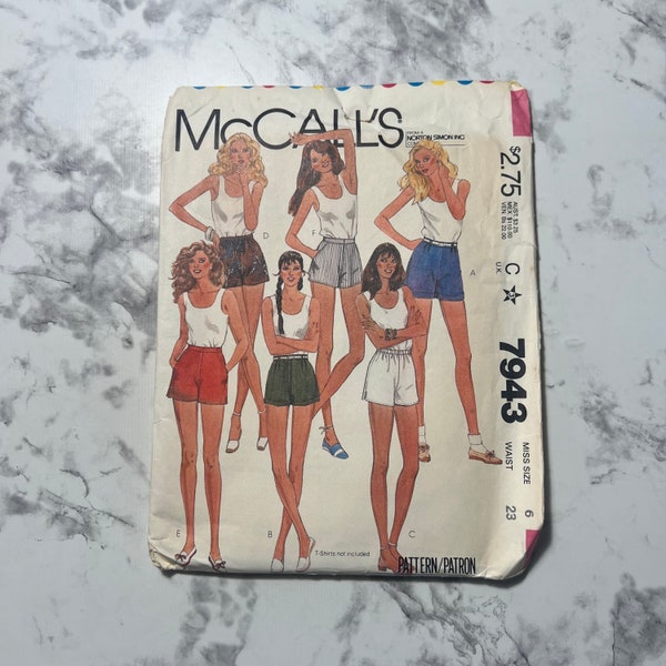 80s Misses' Shorts Pattern, High Waisted Short Shorts Pattern, Women's Athletic Shorts Pattern, McCall's 7943, Size 6, 23" Waist, Cut